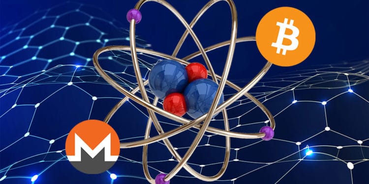 Átomo con bitcoin y monero sobre red hexagonal azul.