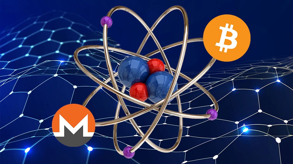 Átomo con bitcoin y monero sobre red hexagonal azul.