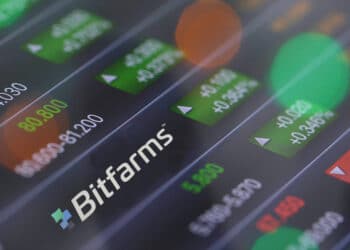 Tabla de acciones y logo de bitfarms.