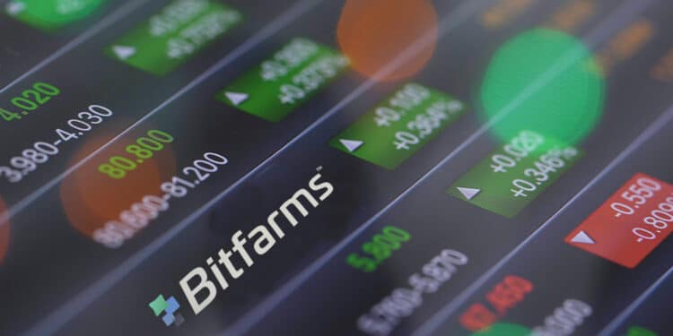 Tabla de acciones y logo de bitfarms.