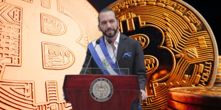 Bukele en podio con bitcoins.