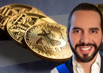 Bukele, bitcoins y bandera de El Salvador.