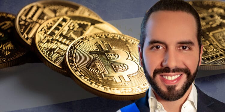 Bukele, bitcoins y bandera de El Salvador.