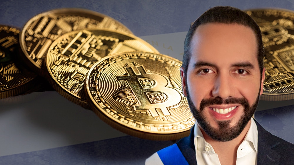 Bukele, bitcoins y bandera de El Salvador.