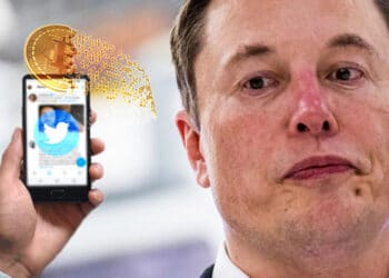 Elon Musk, teléfono con Twitter y bitcoin desvaneciendose.