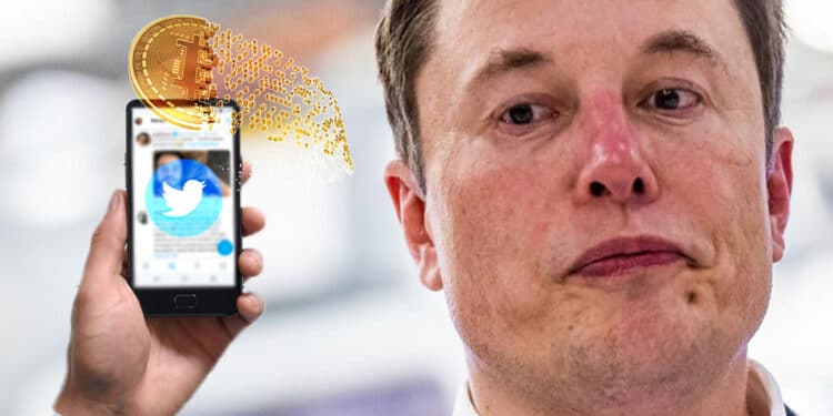 Elon Musk, teléfono con Twitter y bitcoin desvaneciendose.