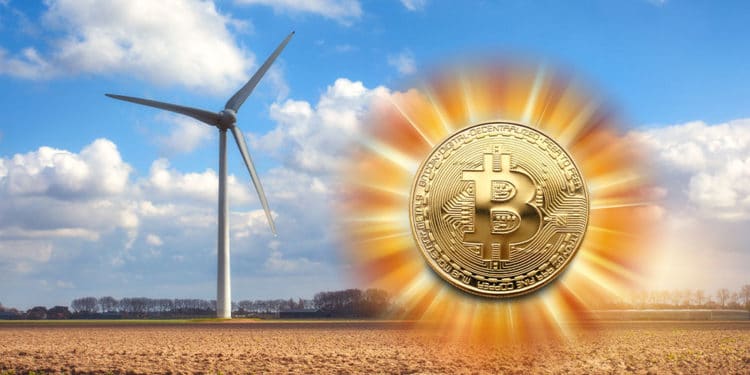 Molino energía eólica y bitcoin resplandeciente.