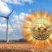 Molino energía eólica y bitcoin resplandeciente.