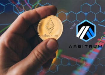 Ethereum y logo de Arbitrum sobre gráfico bursatil.