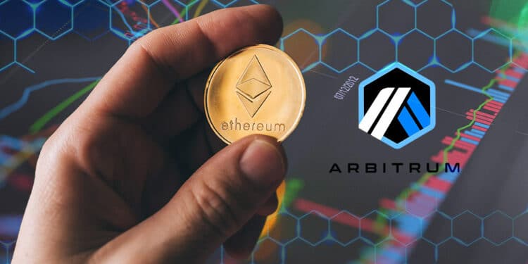 Ethereum y logo de Arbitrum sobre gráfico bursatil.