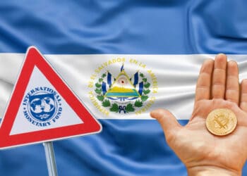 Bandera de El Salvador, mano con bitcoin y triángulo con logo FMI.