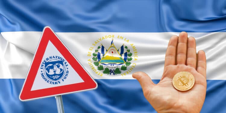 Bandera de El Salvador, mano con bitcoin y triángulo con logo FMI.