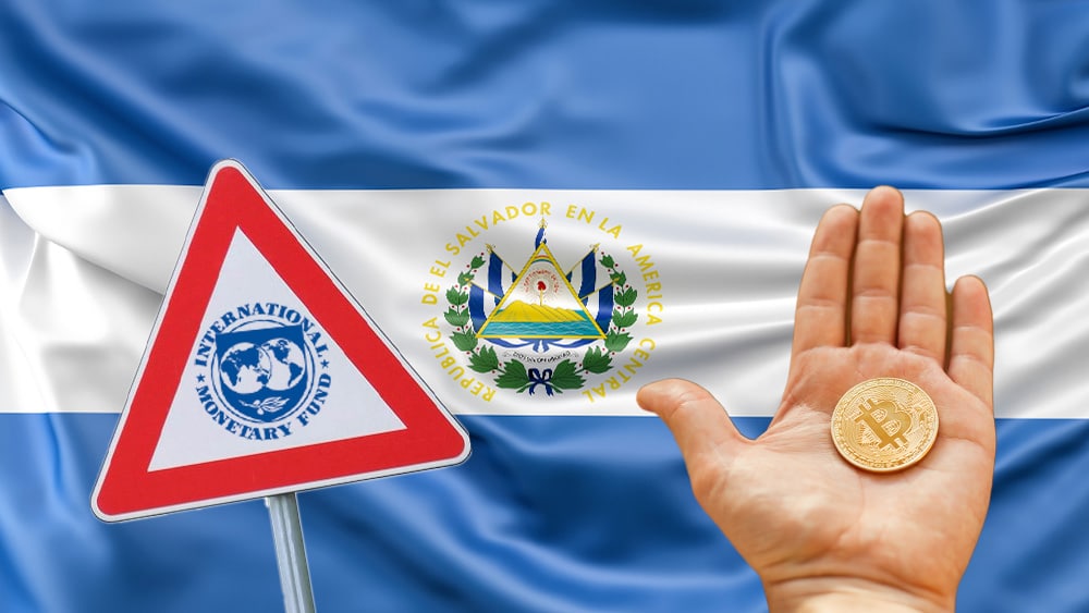 Bandera de El Salvador, mano con bitcoin y triángulo con logo FMI.