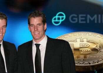 Gemini y gemelos Winkelvoss con bitcoin y logo de compañía.