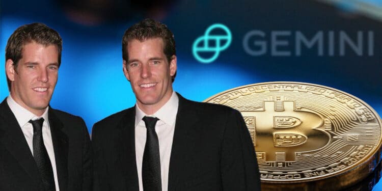 Gemini y gemelos Winkelvoss con bitcoin y logo de compañía.