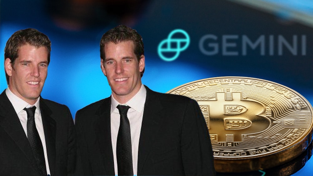 Gemini y gemelos Winkelvoss con bitcoin y logo de compañía.