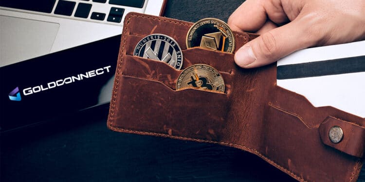Cartera con criptomonedas y logo de Goldconnect.