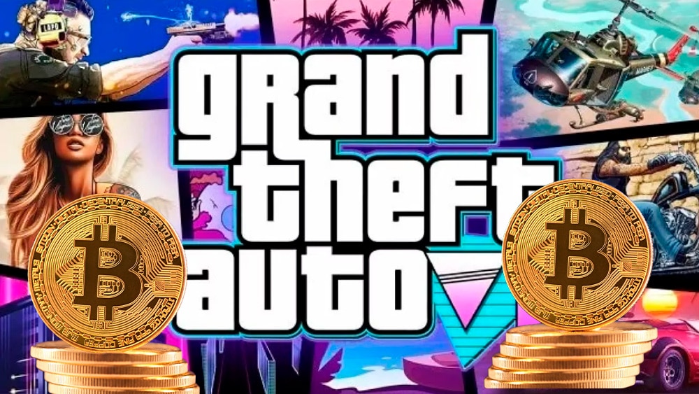 Poster de GTA y bitcoins.