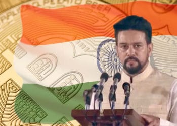 Bitcoin con bandera de India y Anurag Thakur