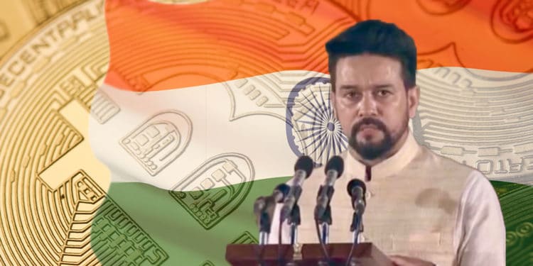 Bitcoin con bandera de India y Anurag Thakur