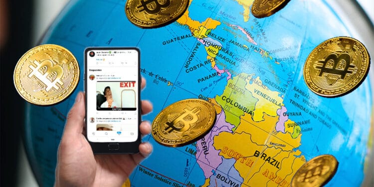 Globo terráqueo con énfasis de Suramerica, lluvia de bitcoins y mano sosteniendo teléfono con Twitter.