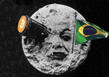 Le Voyage dans la lune con bitcoin y bandera de Brasil.