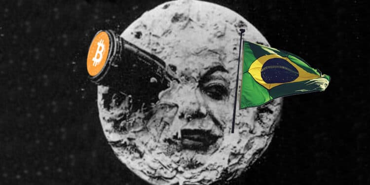 Le Voyage dans la lune con bitcoin y bandera de Brasil.