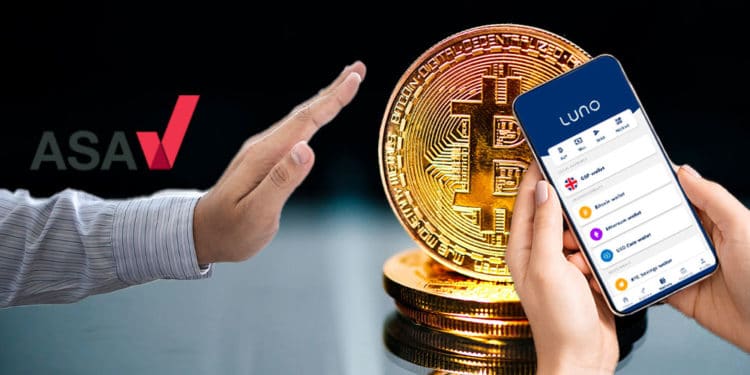 Mano con logo de ASA rechazando bitcoin y exchange luno.