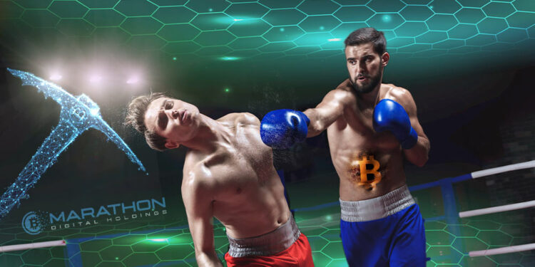 Boxeadores, uno de Marathon knoqueado y otro de bitcoin, con redes.
