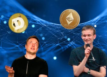 Buterin y Musk con ether y dogge respectivamente, sobre fondo de retícula azul.