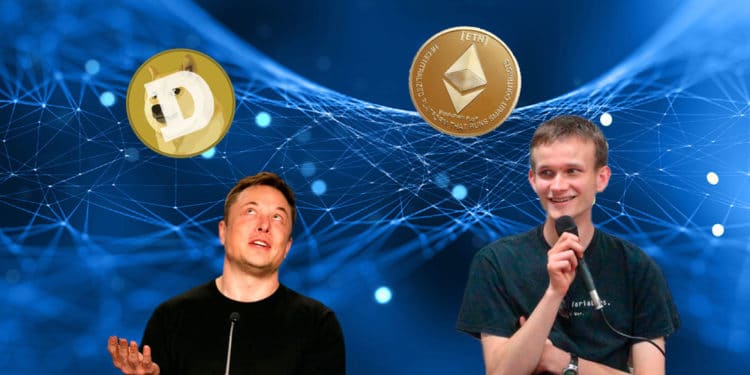 Buterin y Musk con ether y dogge respectivamente, sobre fondo de retícula azul.