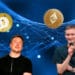 Buterin y Musk con ether y dogge respectivamente, sobre fondo de retícula azul.