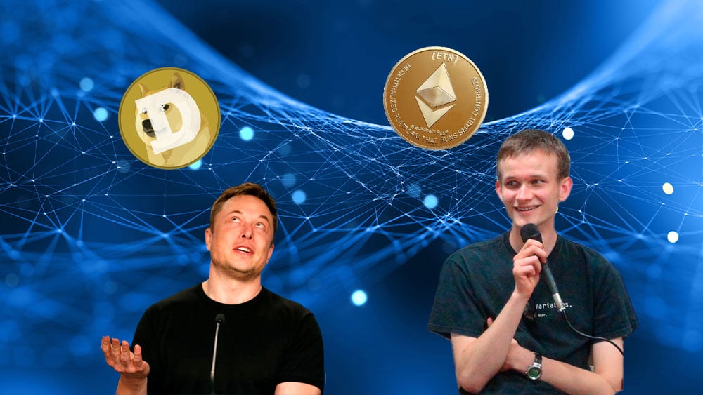 Buterin y Musk con ether y dogge respectivamente, sobre fondo de retícula azul.