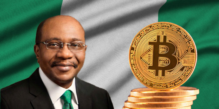 Bandera de Nigeria de fondo con bitcoins y Godwin Emefiele.