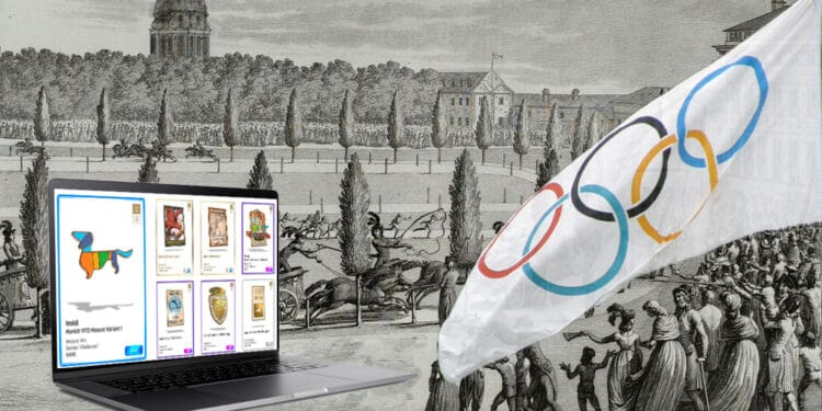 Juegos Olímpicos antiguos con bandera moderna y laptop con NFT.