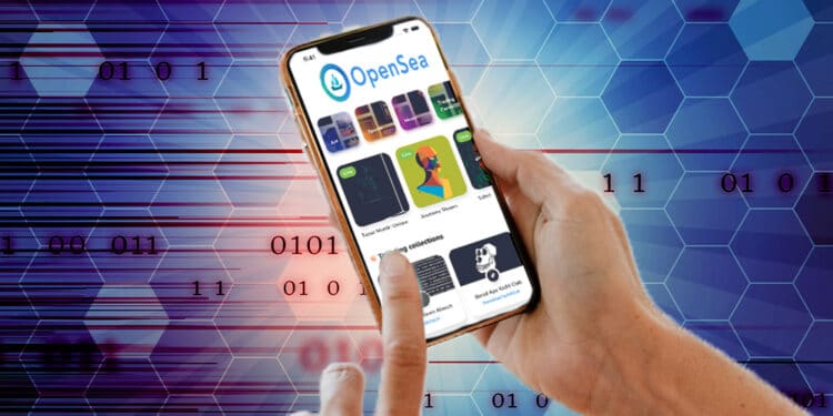 Teléfono con Open Sea sobre fondo de red con códigos.
