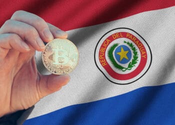 Bandera de Paraguay y Bitcoin.