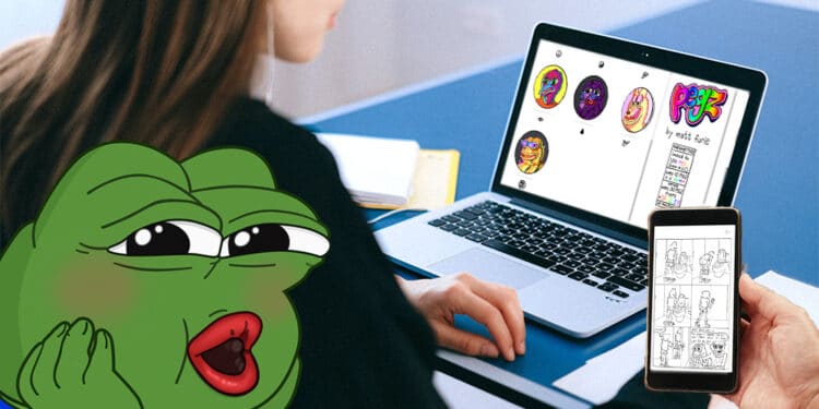 Pepe The Frog y sus NFT en distintas pantallas.