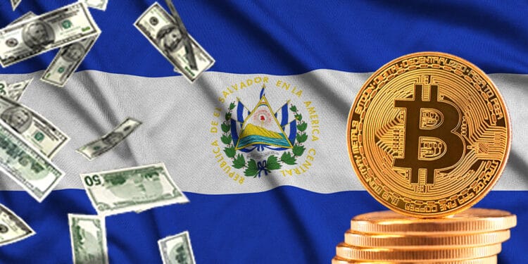 Bandera de El Salvador con bitcoin y dólares.