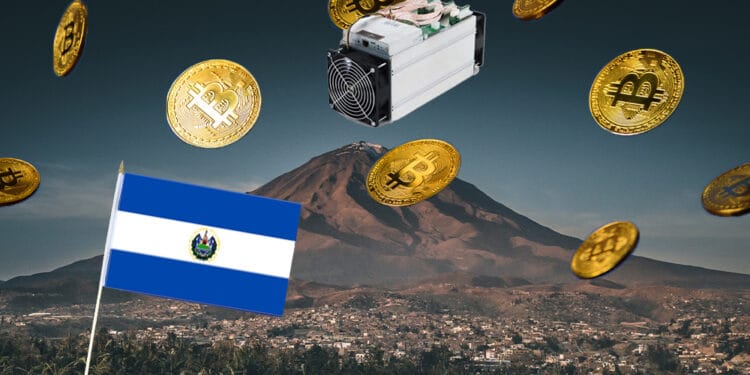 Volcán y minero de bitcoin con bandera de El Salvador.