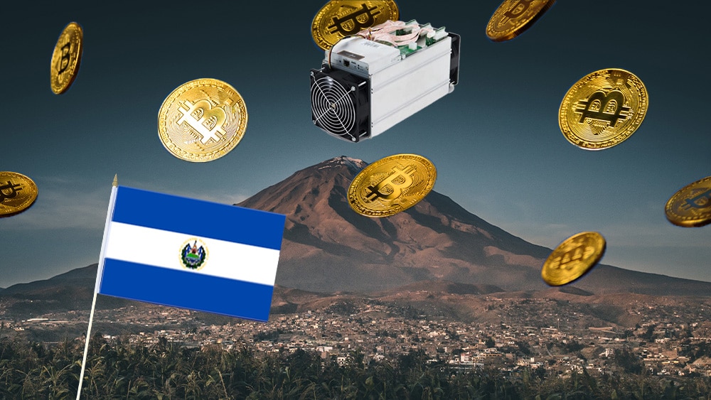 Volcán y minero de bitcoin con bandera de El Salvador.