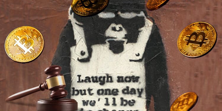 Cartel de Banksy con bitcoins y maso de subasta.