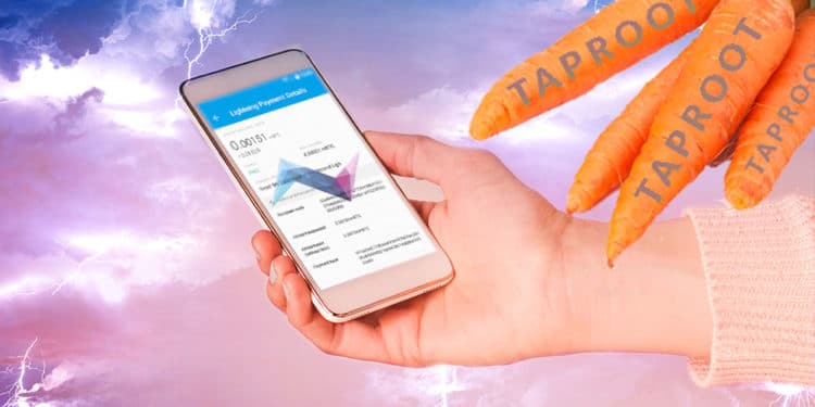 Teléfono con wallet Eclair, relámpagos y zanahorias representando taproot.