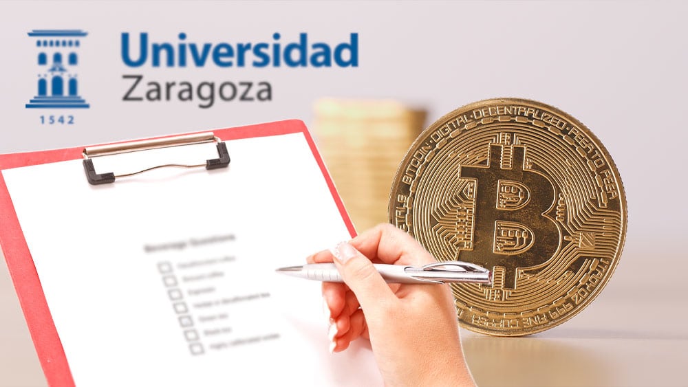 Bitcoin con formulario de encuenta y logo de Universidad Zaragoza.