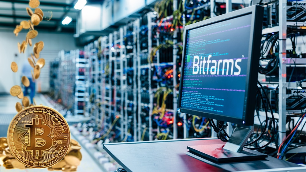 Granja de criptomonedas con logo de Bitfarms y BTC.