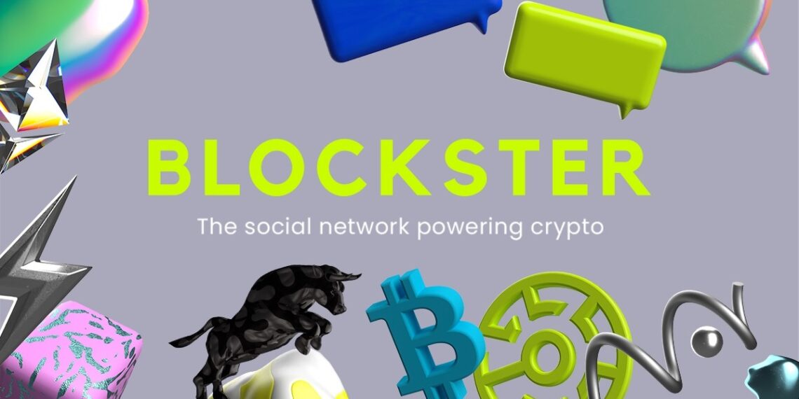 Logo de bitcoin con otras imagenes y Logo de Blockster al centro