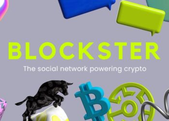 Logo de bitcoin con otras imagenes y Logo de Blockster al centro