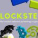 Logo de bitcoin con otras imagenes y Logo de Blockster al centro