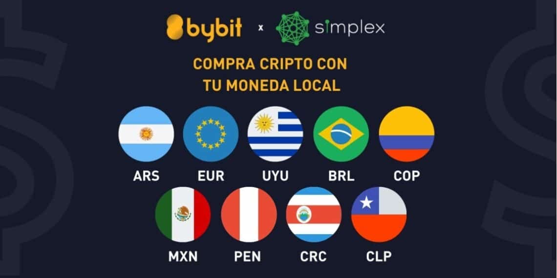 Logo de Bybit y Simplex con banderas latinas