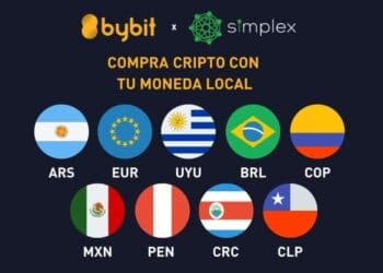 Logo de Bybit y Simplex con banderas latinas